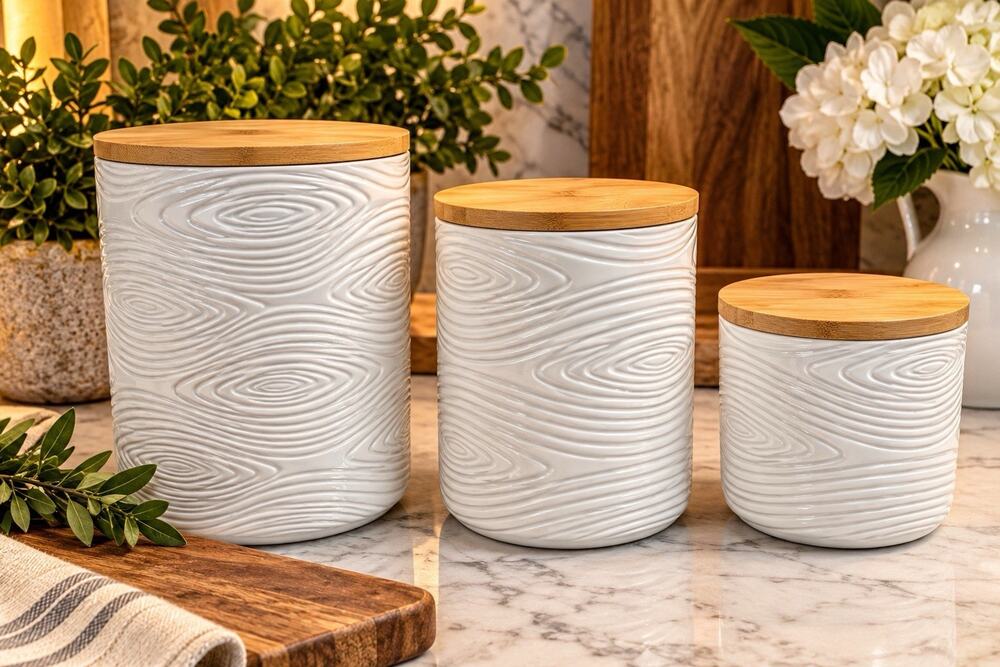 Temp-tations Woodland White Canister Set 3QT 2QT 24oz Bamboo Lids NEW BOX